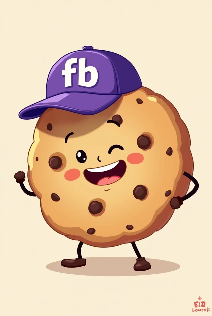 illustration type cookie that is happy, that has chocolate chips and has a purple cap that says FB