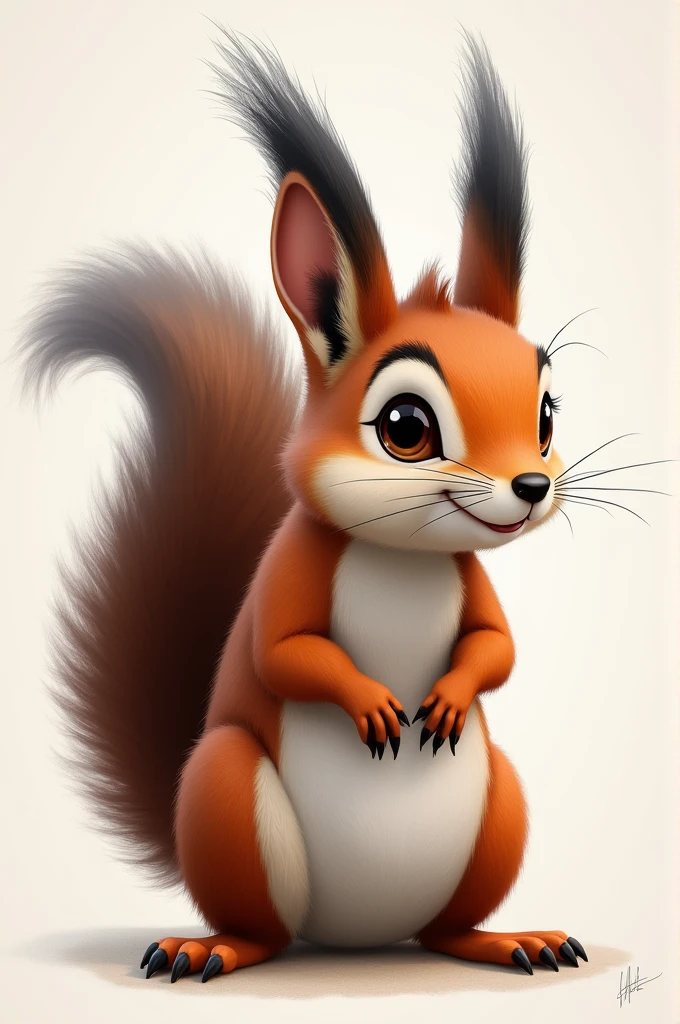 An orange cartoony skinny naked squirrel with short legs and stretching like bending forward female squirrel slim thin and small eyes and no mouth, and looks professionally draw in a simple draw way, like a nice sketch. Has a big girls gyat or ass and she’s like posing