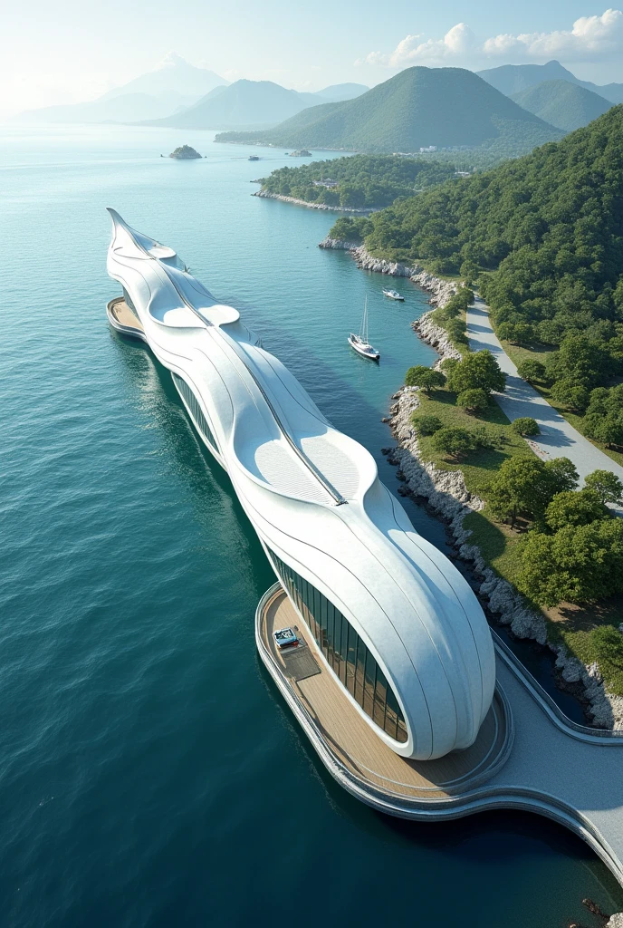 A canoe-shaped bus terminal, I also want wave representation in some way