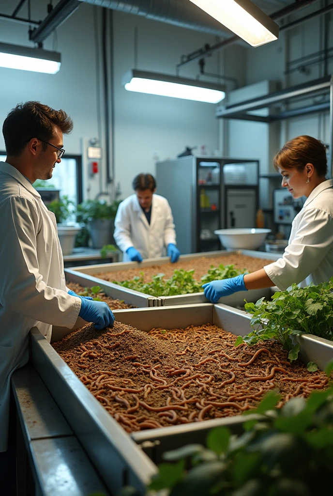 Please make a plan for a laboratory-type worm humus company where machinery and supplies can be seen., vermicoposting beds, 