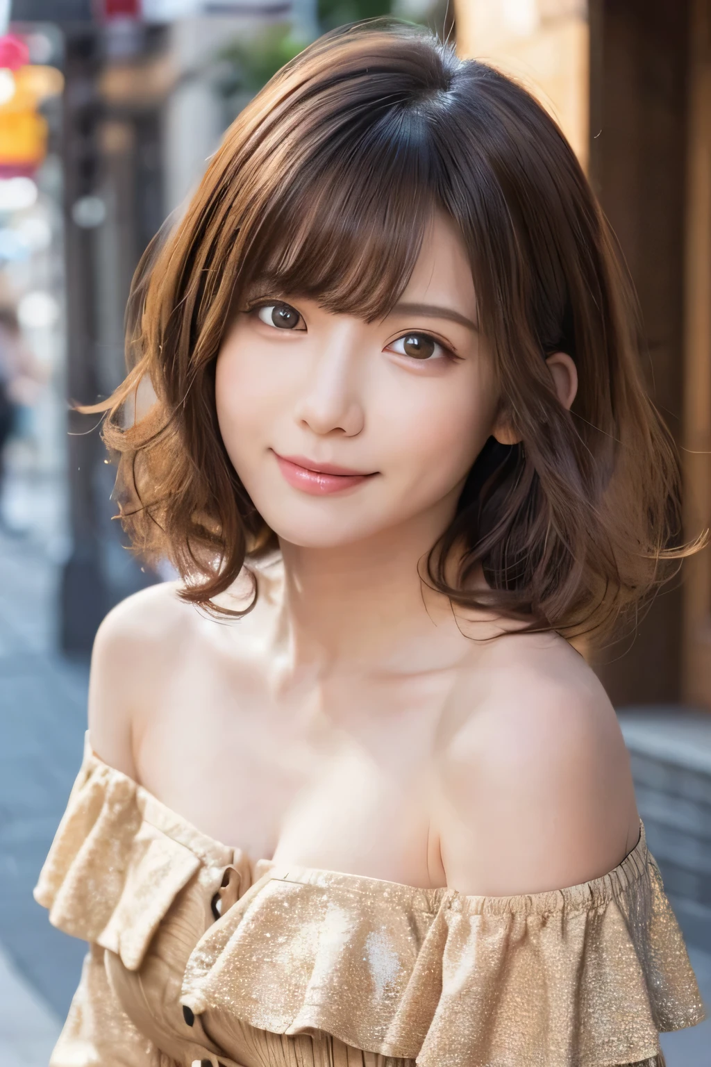 one person's, (Beautiful girl, Delicate:1.3), (:1.3),
break, (Off the shoulder, one piece, Frills:1.2), mini skirt,
break, (Street Snap:1.2),
break, Very beautiful eyes, (Symmetrical eyes:1.3),
break,Large Breasts, Brown eyes, Parted bangs, Brown Hair, (Curly Hair:1.2), (Upper teeth, The best smile:0.2),
break, (Eye and facial details:1.0),
break, (masterpiece, Highest quality, Super detailed, Detailed face, 8k)