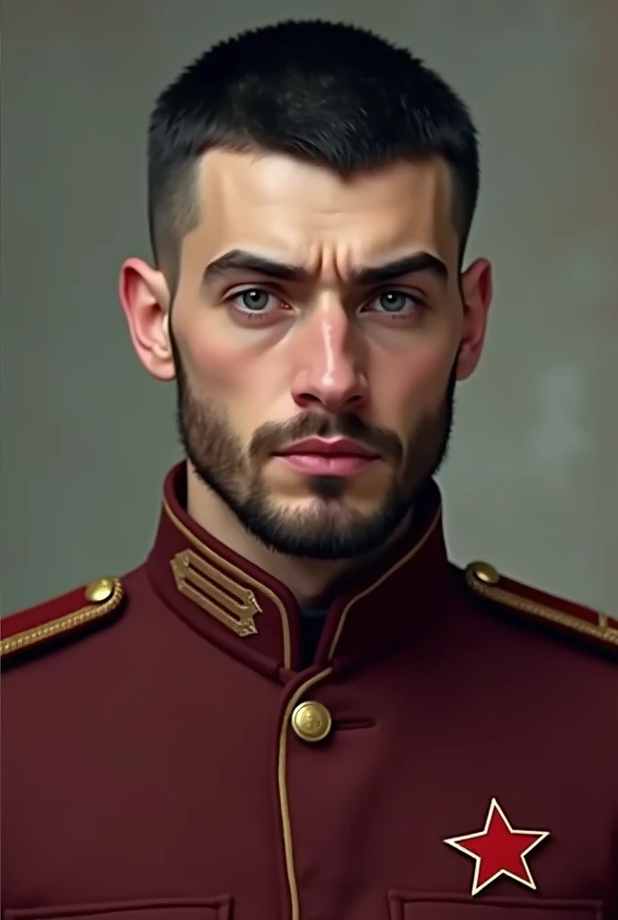 portrait, man, black shield and hair, short haircut, unshaven man, man has a small beard, man is 25 years old, communist, in a jacket, burgundy jacket, small badge, badge with a red star, Slavic appearance