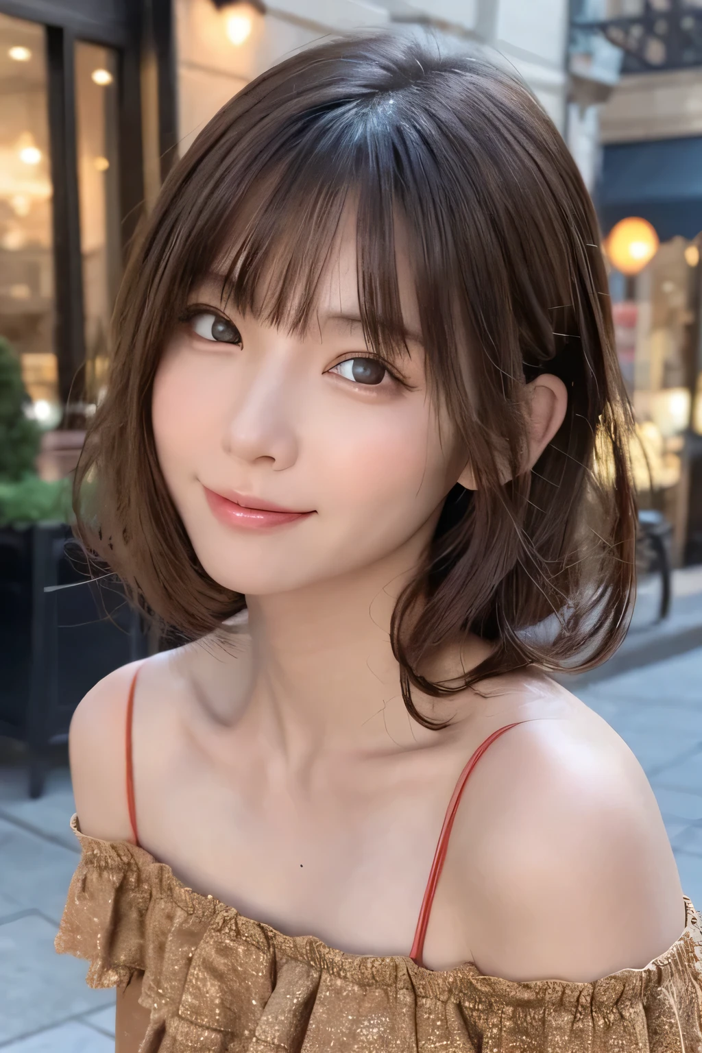 one person's, (Beautiful girl, Delicate:1.3), (:1.3),
break, (Off the shoulder, one piece, Frills:1.2), mini skirt,
break, (Street Snap:1.2),
break, Very beautiful eyes, (Symmetrical eyes:1.3),
break,Large Breasts, Brown eyes, Parted bangs, Brown Hair, (Curly Hair:1.2), (Upper teeth, The best smile:0.2),
break, (Eye and facial details:1.0),
break, (masterpiece, Highest quality, Super detailed, Detailed face, 8k)