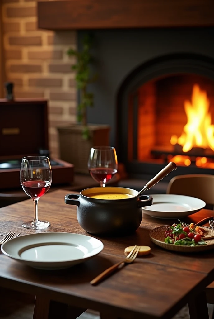 Table set for dinner for two near a fireplace, two plates, two glasses of red wine, two glasses of water, fondue com staub, record player in the background