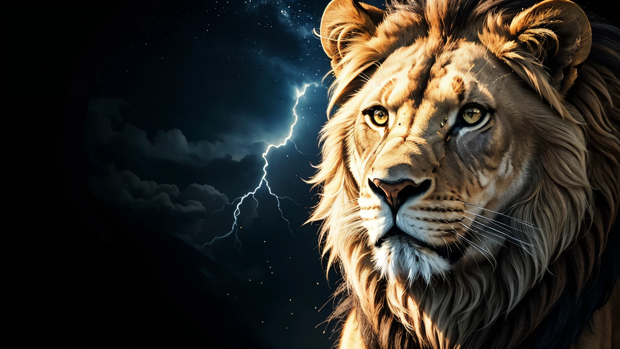 Lion, Divine Lion, naturals, naturals, ferocious, masculine, mighty, golden lion, Powerful Lion, beautiful nature, Great Realistic Lion, FullHD 8k, Light of sky, sunset night, Clear sky Sun, golden black, black andwhite, black and gold, detailed realistic face, 8k Detailed Realistic White Lion, ultrarealistic 8k |Energia de thunder realista detalhada, Strong Creature realista detalhada, Strong Creature, Lion macho, Rendering, Fotorrealista 8k, UltraHD Alta definição 8k, Detailed Realistic 16K, Nitidez Fotorrealista 8k, 16K photorealistic textures, Contraste Fotorrealista 8k, Sombras Fotorrealistas 8k, Luzes Fotorrealistas 8k, Detailed Realistic Sunset, Detailed Realistic Lion Face, Detailed realistic light, detailed textures, thunder, detailed shadows, detailed colors, Celestial Electricity, Golden thunder, Lion realista, Ultra Realistic 16K, Realistic 16K, Realistic 16K sharpness, 16K photorealistic textures, 16K realistic colors, powerful creature, Majestic power, Power of Heaven, Great Divine, detailed contrast, realistic contrast, high resolution, detailed colors, fire, villany, divine creature, 8k, realistic detailed, 16K, 8k, High definition, detailed contrast, realistic contrast, high resolution, detailed colors, fire, villany, divine creature, realistic detailed, chic, posh