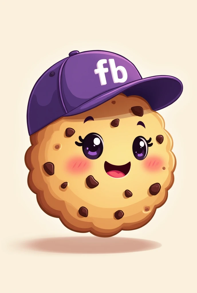 illustration type cookie that is happy, that has chocolate chips and has a purple cap that says FB