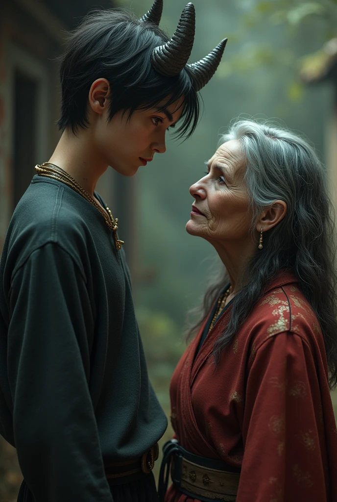 Young 17 year old demon boy tall short hair talks to his 45 year old human mother long hair she with wrinkles 