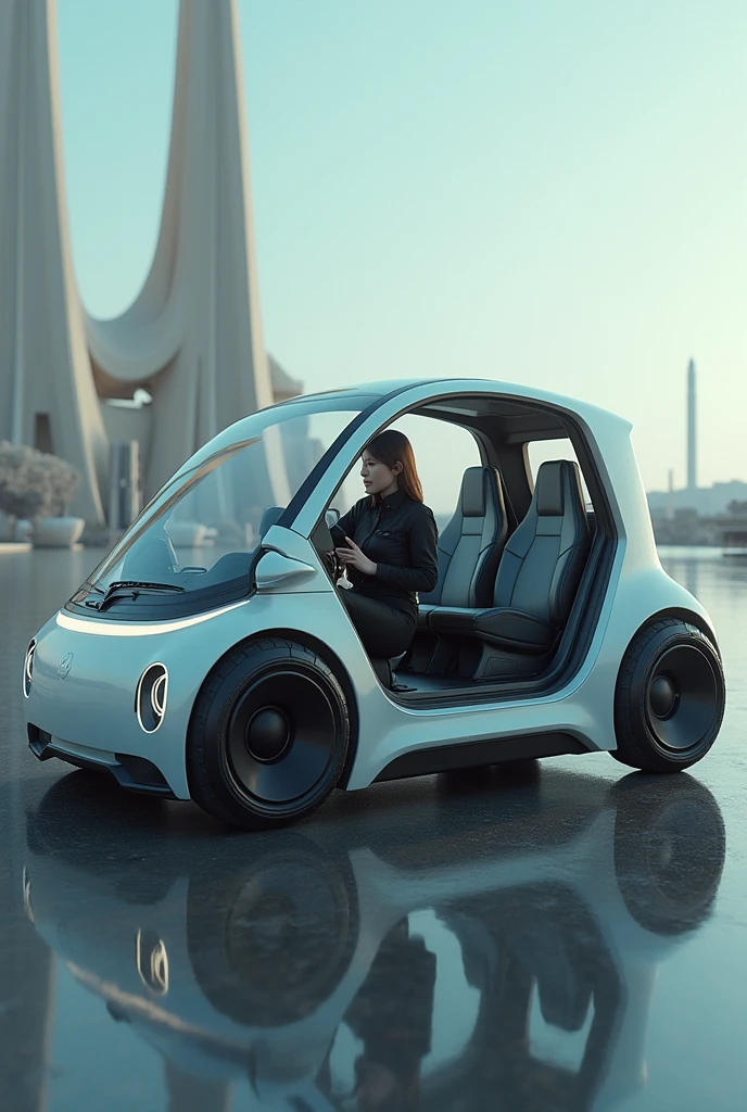Car-shaped cell phone with a seat for 4 passengers, The driver is getting out with half of his body outside