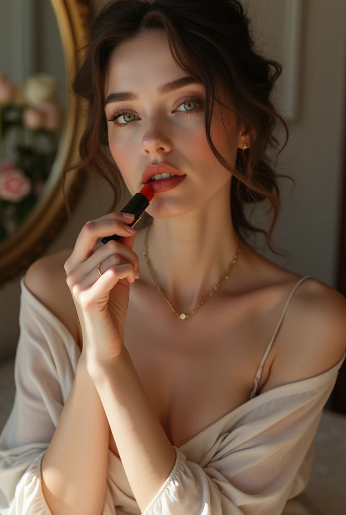 a woman putting on makeup with lipstick in her hands ,a very pretty European woman