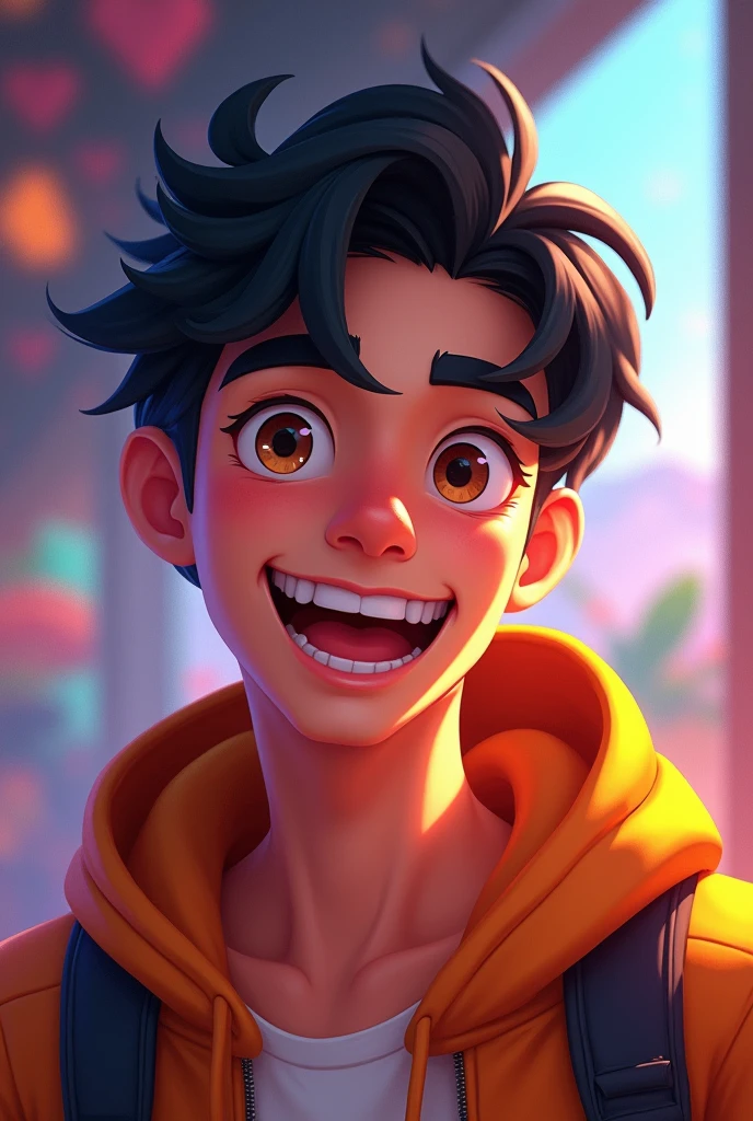 Make a character for a gaming channel. This character has a skin color between white and light brown. His hair is black and a little disheveled. He transmits confidence and joy on his face.