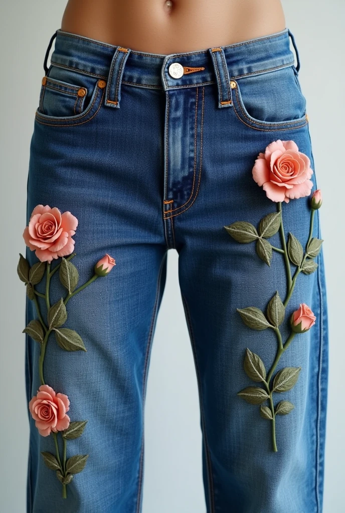 Jeans pants from the front with 3d roses only the roses in jeans-colored canvas