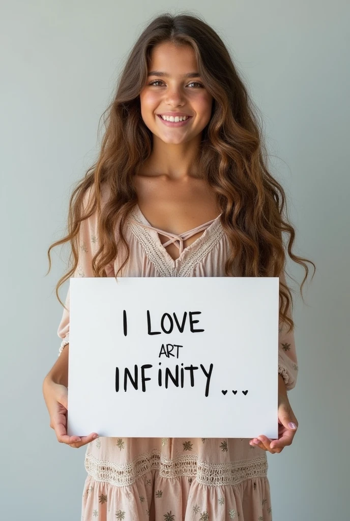 Beautiful girl with wavy long hair, bohemian dress, holding a white board with text "I Love Seaart Infinity" and showing it to the viewer