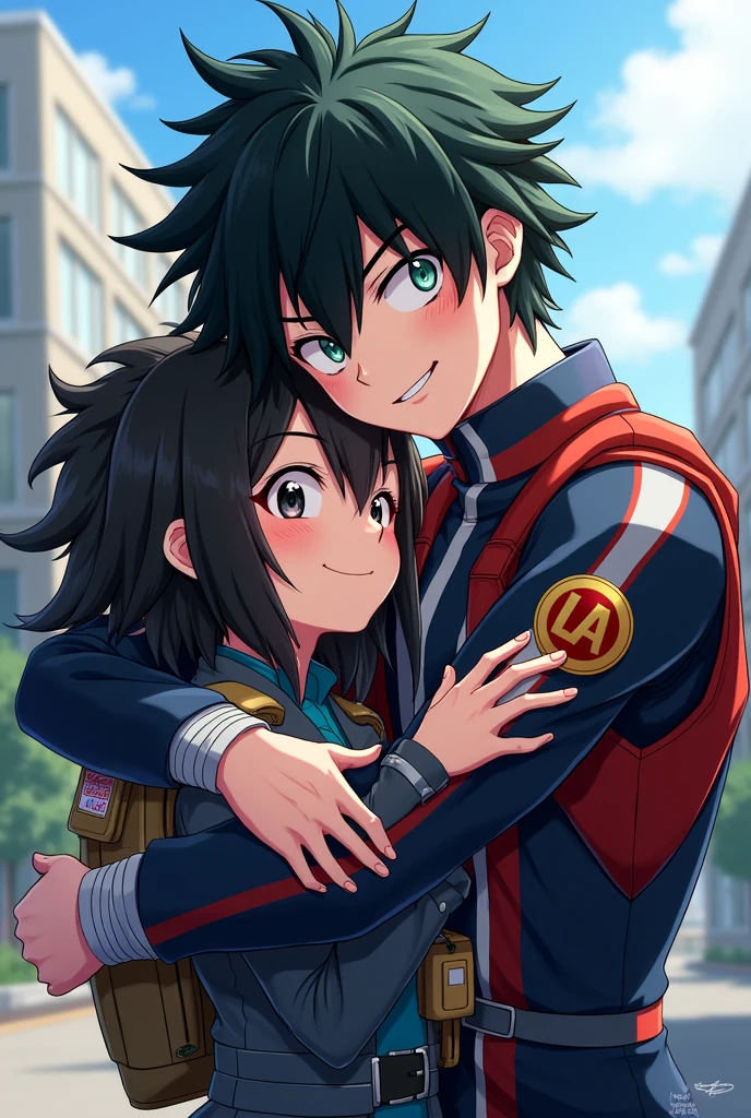 Create an anime style boy.my hero academy with black hair and a white streak , that he is hugging Momo Yaoyorozu