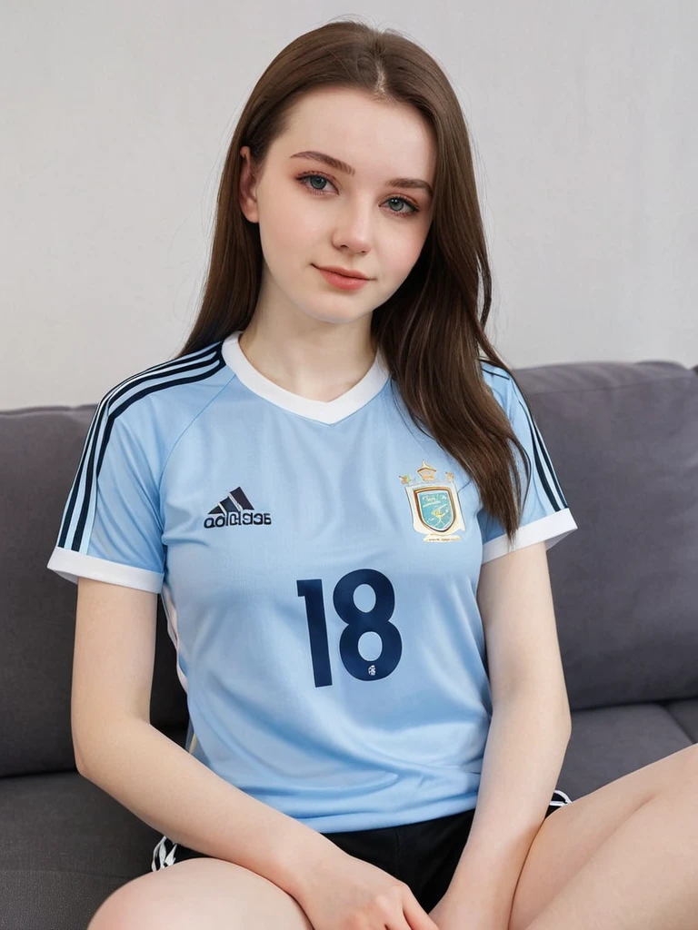 Arafed woman sitting on a sofa wearing a sports t-shirt., Anastasia Ovchinnikova 18 years old, in the world cup, 1 8 son, 19 year old girl, she has pale blue skin!!!, 🔞🤡, 19 years old, (12x) extremely pale white skin, , Wear Adidas clothes, amaranth