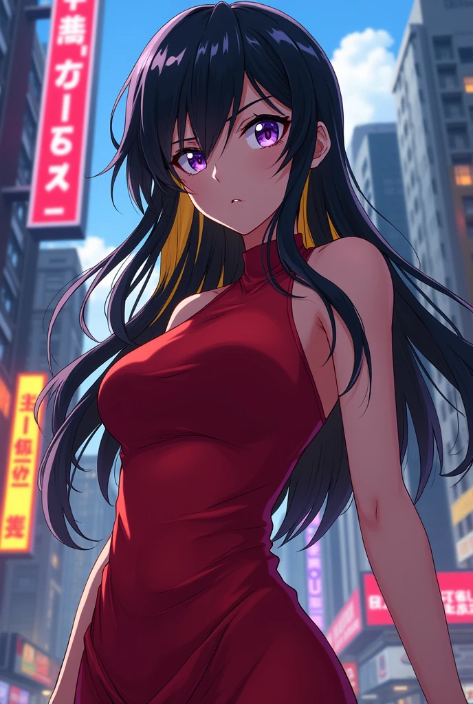 an anime style Tokyo revenges,with black hair and blonde highlights,long hair,with purple eyes,and a red tight dress
