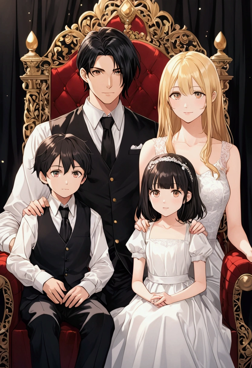 the small family photo features a 27-year-old husband, a 25-year-old wife, and two children, a 5-year-old boy and a 3-year-old girl. The background is a plain blue sky. The husband and his son are wearing matching black suits with black shirts and black ties, while the wife is in a black dress, and the daughter is also in a black dress. The layout shows the wife seated in the photo holding her son on her lap, while the husband stands upright, carrying his daughter.