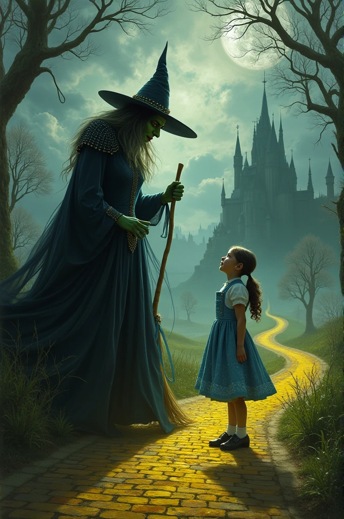 Create the image of the evil witch from the wizard of oz book battling with dorothy also from the wizard of oz