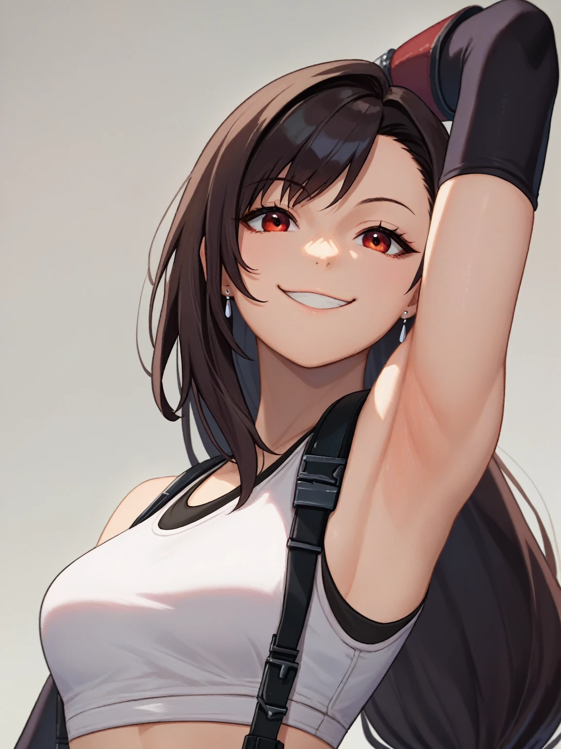 score_9, score_8_up, score_7_up, source_anime, anime screencap, 1girl, solo, tifa lockhart, black hair, low-tied long hair, red eyes, bangs, white crop top, suspenders, sleeveless, bare shoulders, elbow gloves, looking at viewer, eye contact with viewer, smile, smug, arm up, raised arm, armpit, from side, from below