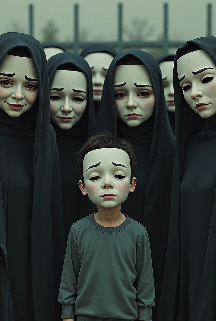 boy with a happy mask and half of the fence taking it off behind them they walk in a row like a collection of sad faces crying angry with anxiety fear laziness