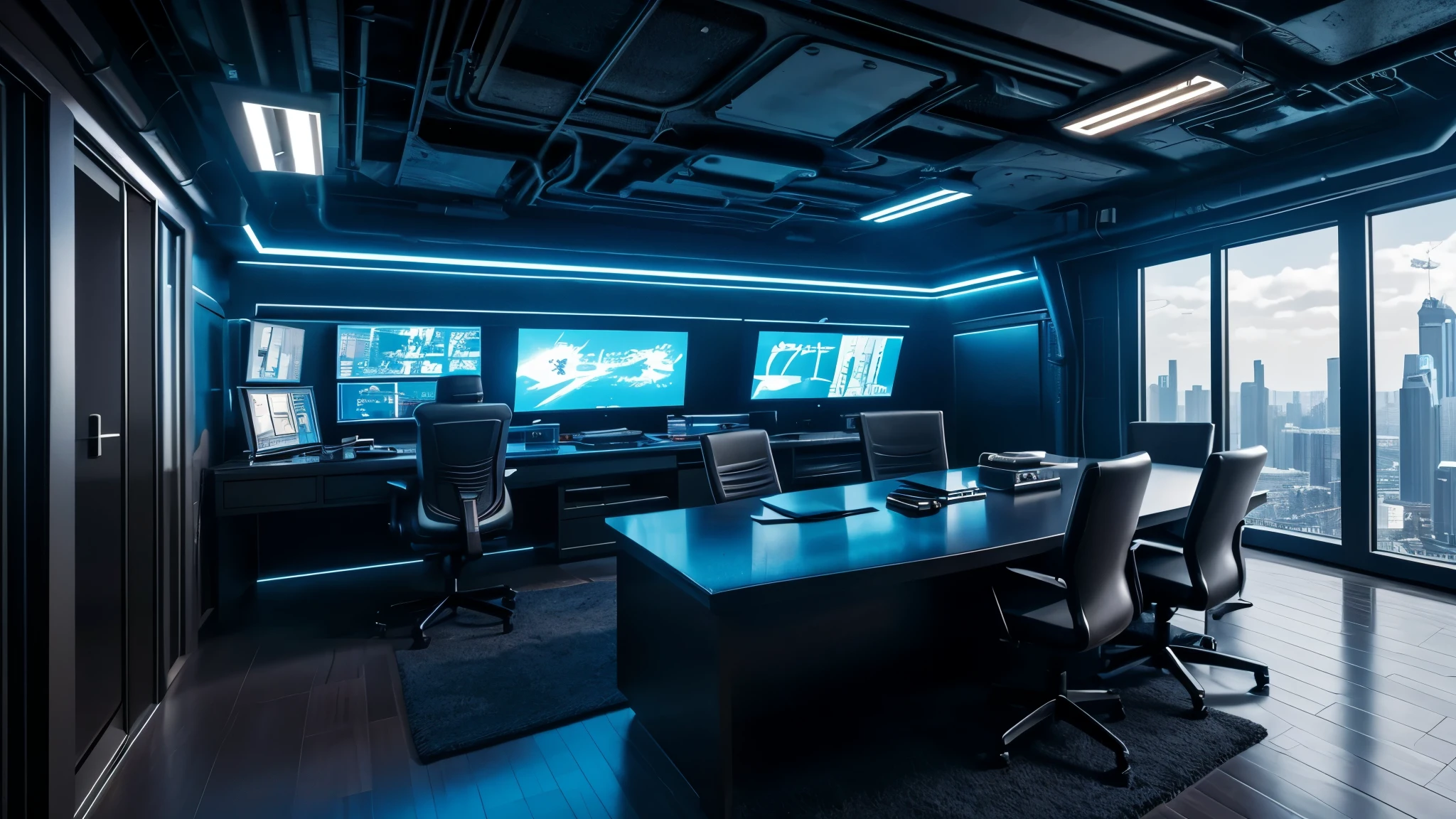 scifi, cyberpunk, futuristic, home office, hightech, daylight, cozy, much space, wide angle, a lot of tech, ambient light, year 2088, cinematic