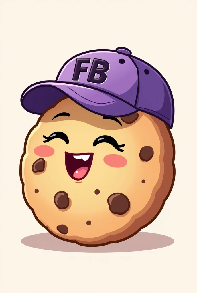 illustration type cookie that is happy, that has chocolate chips and has a purple cap that says FB in capital letters 