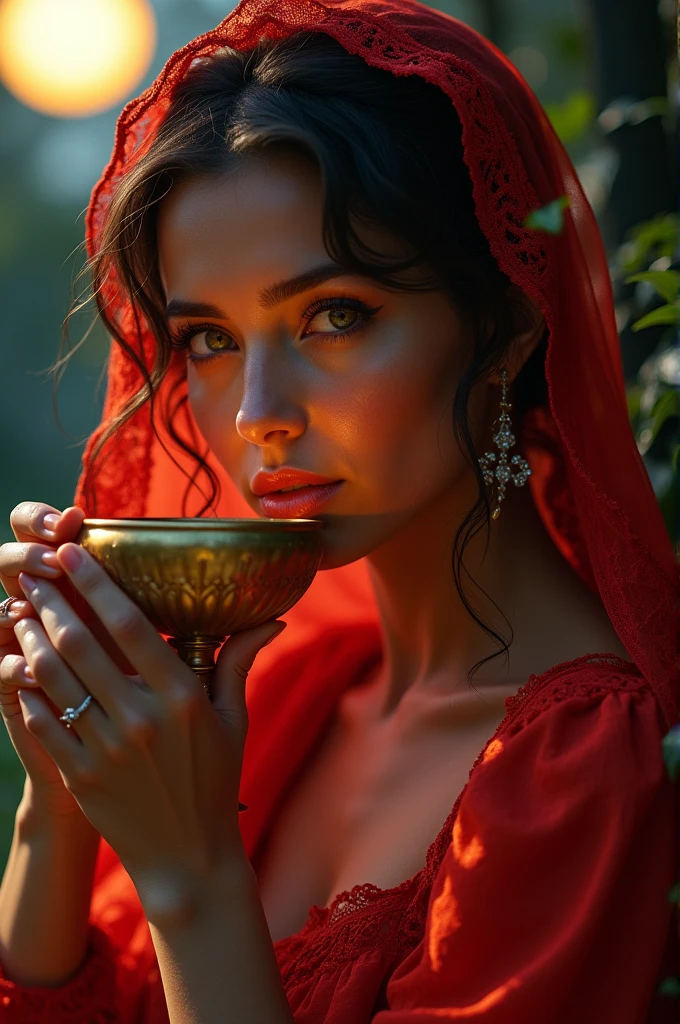 Face of a Spanish woman wearing a red mantilla, drinking wine from a golden chalice under the light of the full moon