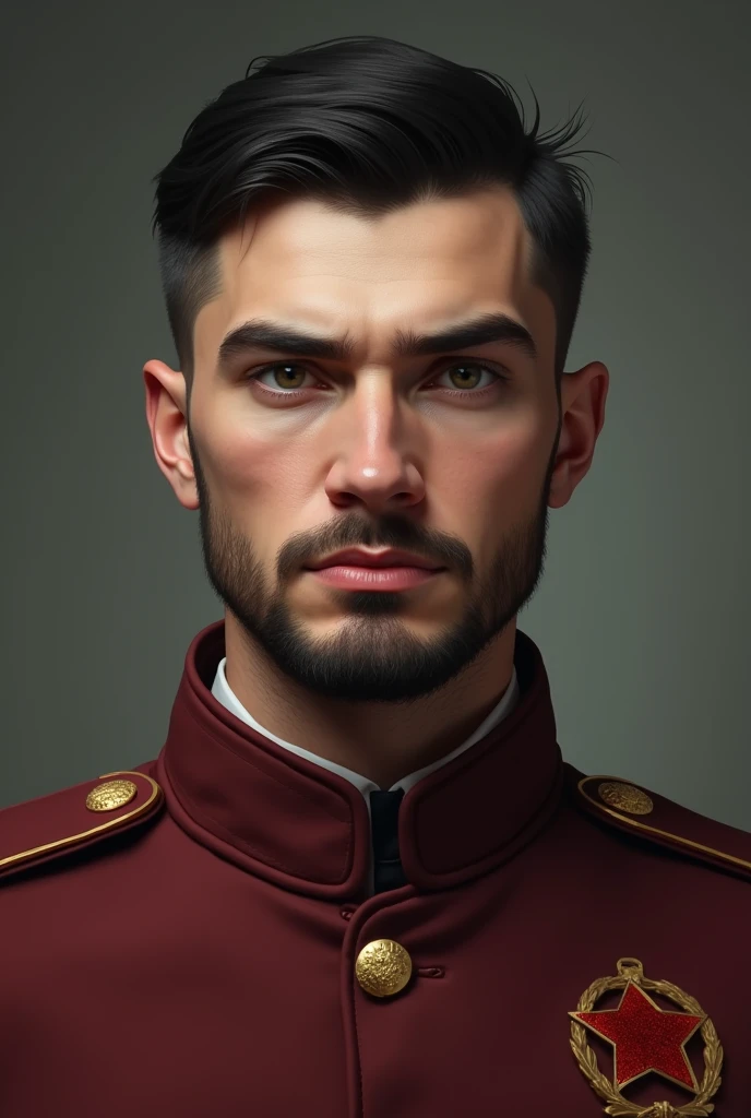 portrait, man, black shield and hair, short haircut, unshaven man, man has a small beard, man is 25 years old, communist, in a jacket, burgundy jacket, small badge, badge with a red star, Slavic appearance