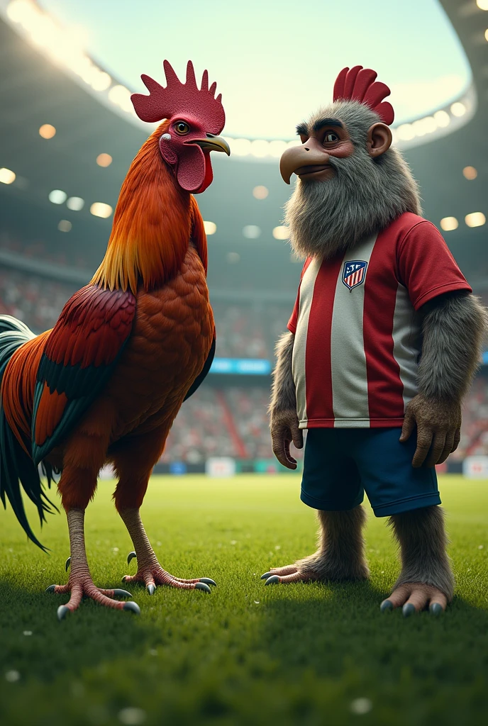 A strong and avenging rooster wearing the Atletico Mineiro shirt faces the old São Paulo mascot on the stadium's lawn.