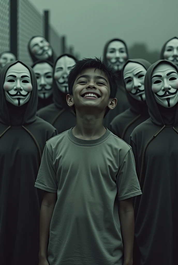 boy with a happy mask and half of the fence taking it off behind them they walk in a row like a collection of sad faces crying angry with anxiety fear laziness