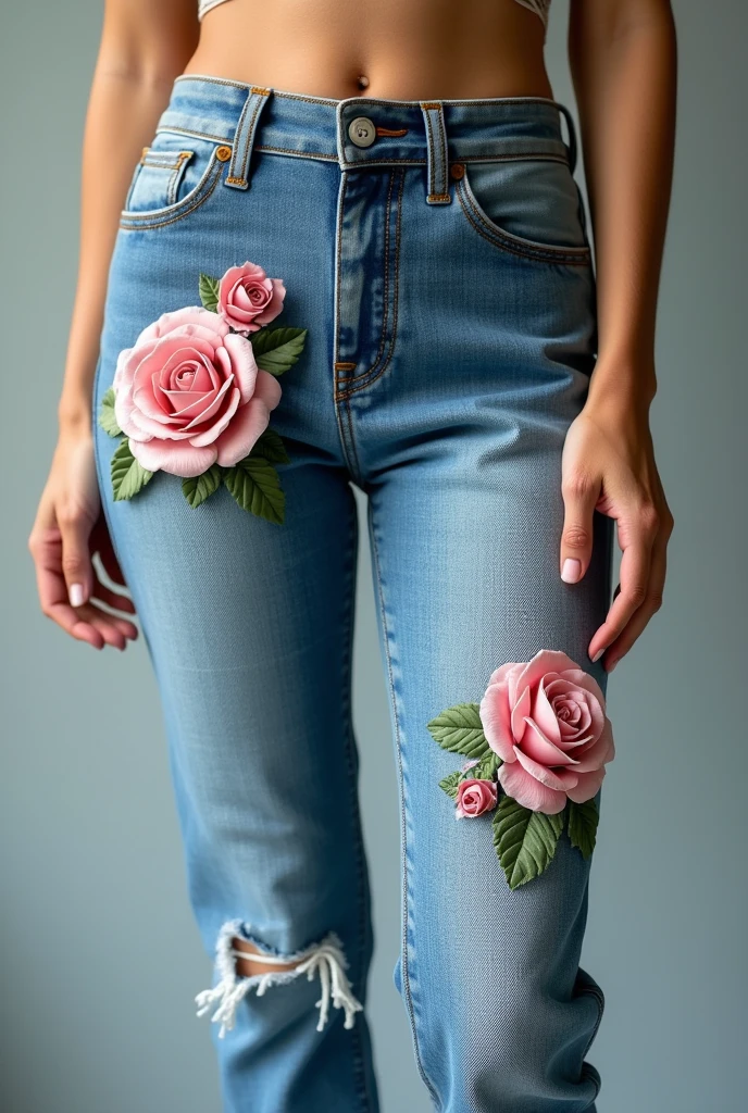 Jeans pants from the front with 3d roses only the roses in canvas color women&#39;s jeans