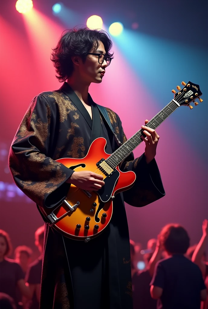 A handsome Korean jazz musician with glasses, curly hair, Korean clothes, playing a semi hollow jazz guitar at his own concert.