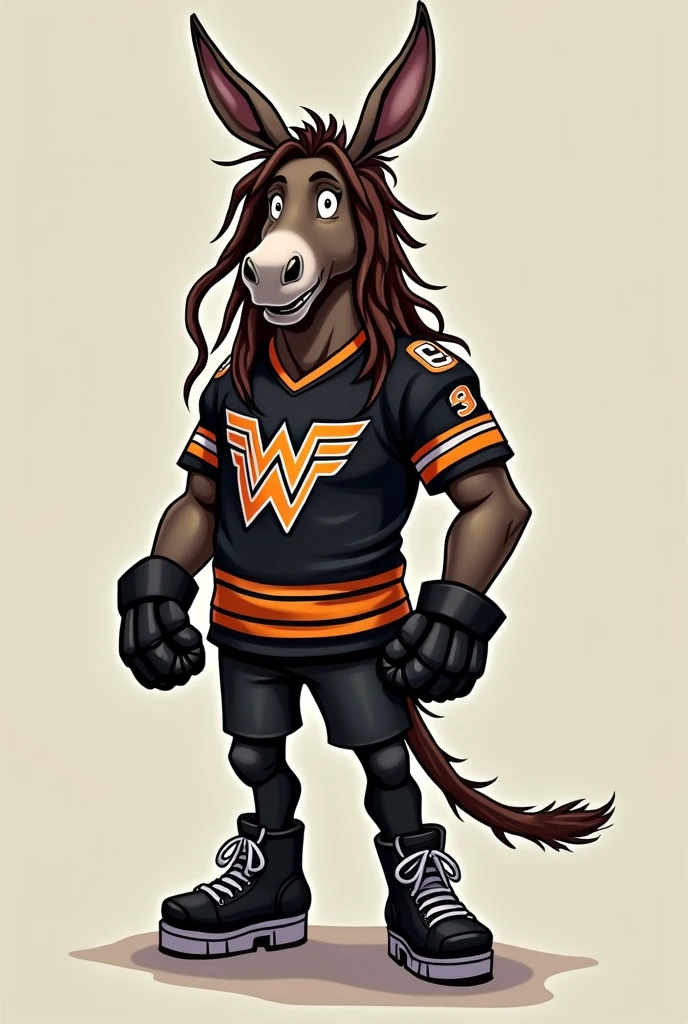 cartoon donkey dressed like WWE wrestler road dog Jesse james, brown dreadlocks, black hockey jersey, black pants, black boots, taped hands