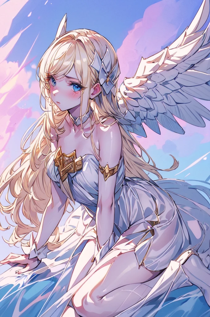 angel wings, (((white angel woman, delicated pose, detailed face, pale skin, long blonde hair))), gorgeous anime angel , gwen from league of legends, gorgeous white and pink sensual gala dress, sensual pose, (((blue sky background, gorgeous sky background)))