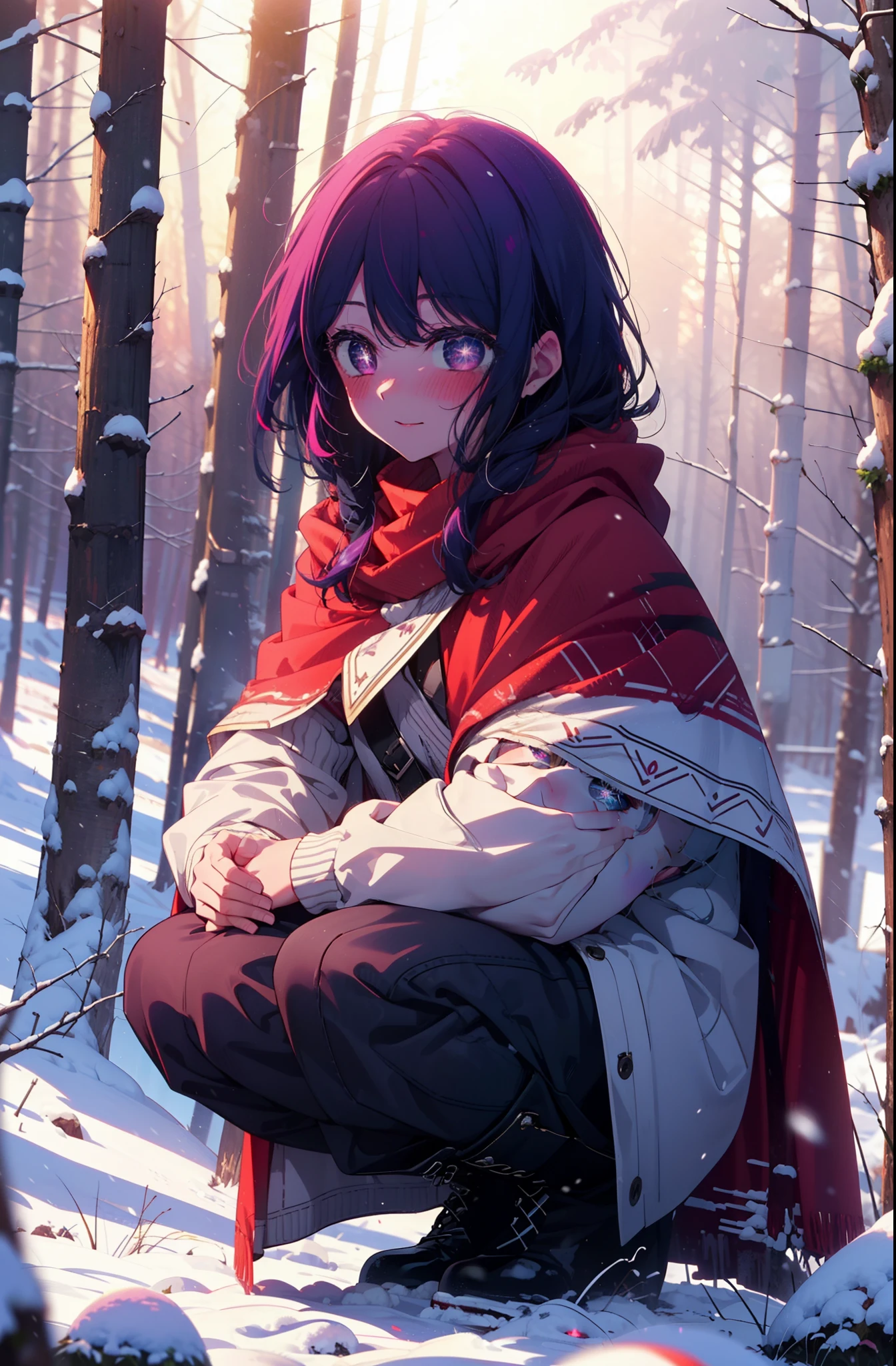 aihoshino, Ai Hoshino, Long Hair, bangs, (Purple eyes:1.1), Purple Hair, (Symbol-shaped pupil:1.5), smile,,smile,blush,white breath,
Open your mouth,snow,Ground bonfire, Outdoor, boots, snowing, From the side, wood, suitcase, Cape, Blurred, , forest, White handbag, nature, Squat, Mouth closed, Cape, winter, Written boundary depth, Black shoes, red Cape break looking at viewer, Upper Body, whole body, break Outdoor, forest, nature, break (masterpiece:1.2), Highest quality, High resolution, unity 8k wallpaper, (shape:0.8), (Beautiful and beautiful eyes:1.6), Highly detailed face, Perfect lighting, Extremely detailed CG, (Perfect hands, Perfect Anatomy),