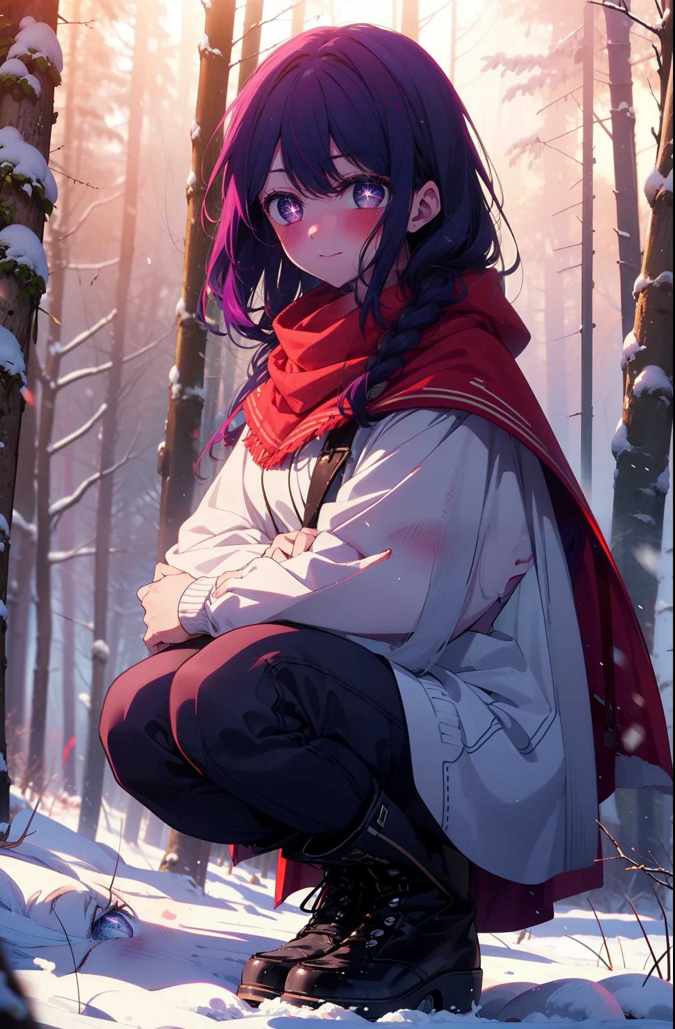 aihoshino, Ai Hoshino, Long Hair, bangs, (Purple eyes:1.1), Purple Hair, (Symbol-shaped pupil:1.5), smile,,smile,blush,white breath,
Open your mouth,snow,Ground bonfire, Outdoor, boots, snowing, From the side, wood, suitcase, Cape, Blurred, , forest, White handbag, nature,  Squat, Mouth closed, Cape, winter, Written boundary depth, Black shoes, red Cape break looking at viewer, Upper Body, whole body, break Outdoor, forest, nature, break (masterpiece:1.2), Highest quality, High resolution, unity 8k wallpaper, (shape:0.8), (Beautiful and beautiful eyes:1.6), Highly detailed face, Perfect lighting, Extremely detailed CG, (Perfect hands, Perfect Anatomy),