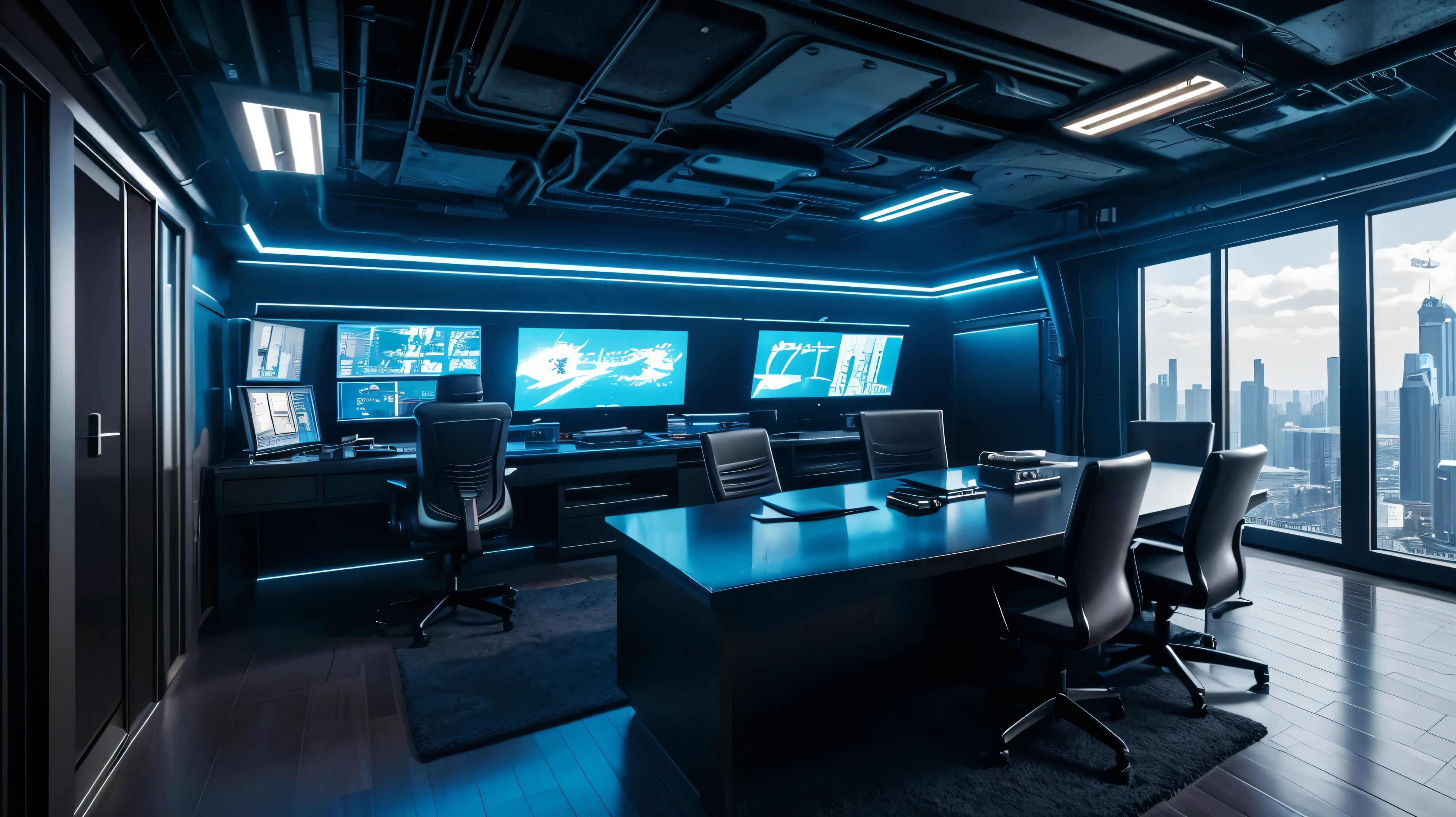 scifi, cyberpunk, futuristic, home office, hightech, daylight, cozy, much space, wide angle, a lot of tech, ambient light, year 2088, cinematic