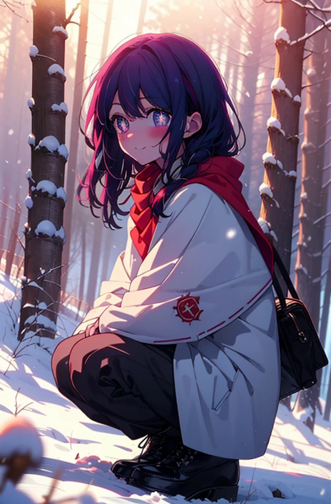 aihoshino, Ai Hoshino, Long Hair, bangs, (Purple eyes:1.1), Purple Hair, (Symbol-shaped pupil:1.5), smile,,smile,blush,white breath,
Open your mouth,snow,Ground bonfire, Outdoor, boots, snowing, From the side, wood, suitcase, Cape, Blurred, , forest, White handbag, nature,  Squat, Mouth closed, Cape, winter, Written boundary depth, Black shoes, red Cape break looking at viewer, Upper Body, whole body, break Outdoor, forest, nature, break (masterpiece:1.2), Highest quality, High resolution, unity 8k wallpaper, (shape:0.8), (Beautiful and beautiful eyes:1.6), Highly detailed face, Perfect lighting, Extremely detailed CG, (Perfect hands, Perfect Anatomy),