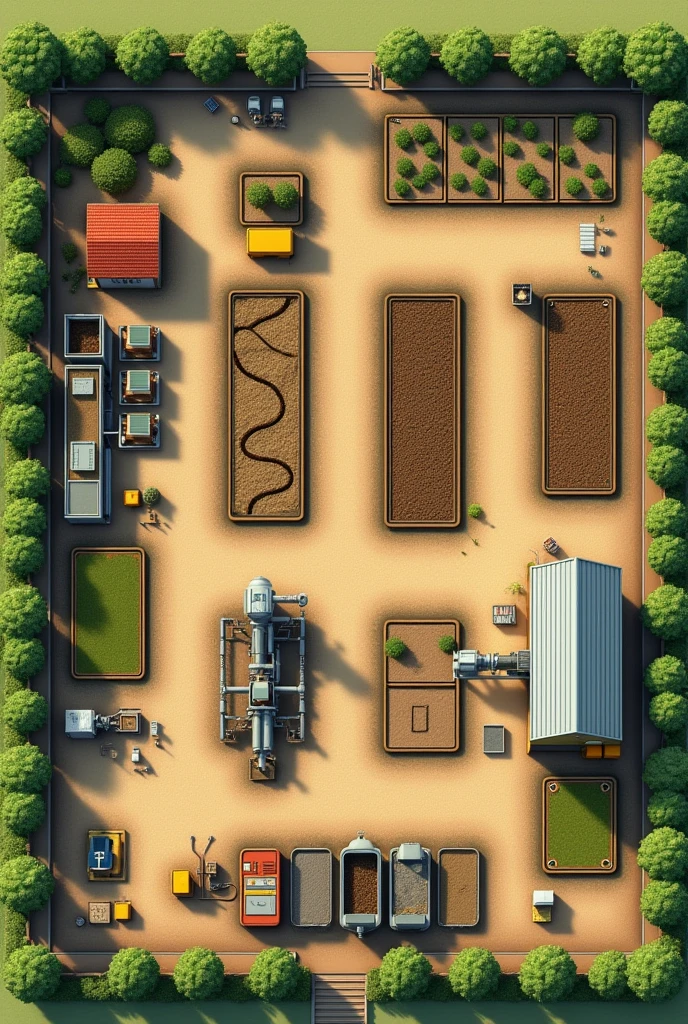 Please prepare a layout and distribution plan for a worm humus company where all the machinery and supplies can be seen., vermicoposting beds,