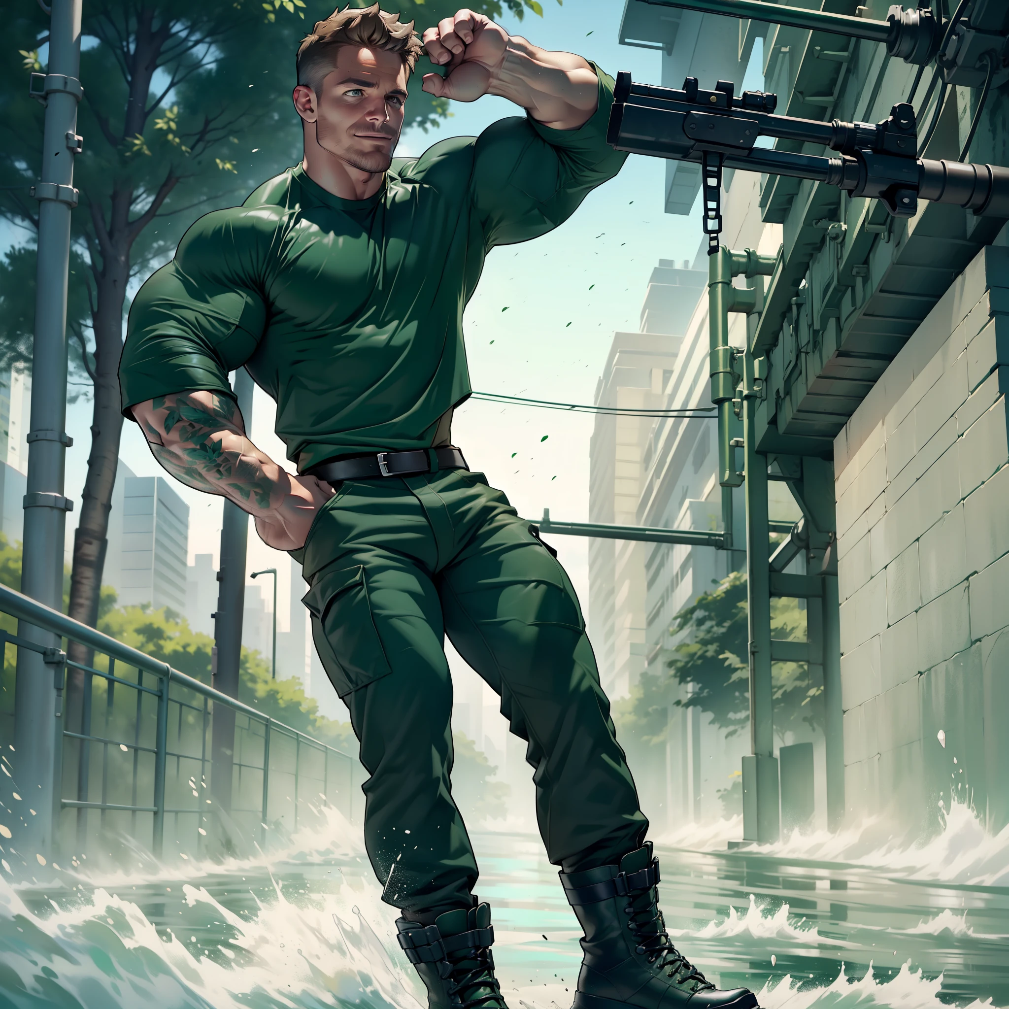 1 man, male focus solo, middle aged man,(((Stephen AMELL))) as private army soldier,  lean muscle,dark green shirt, camouflage pants ,green belt , dark green boots ,( big bulge), full body shot, dark blond short hair, well groomed facial hair, smiling ,looking at the view, proud, holding a gun with one hand, , ultra high quality, masterpiece, (clear intense splashed dark green and white paint in the blackground)