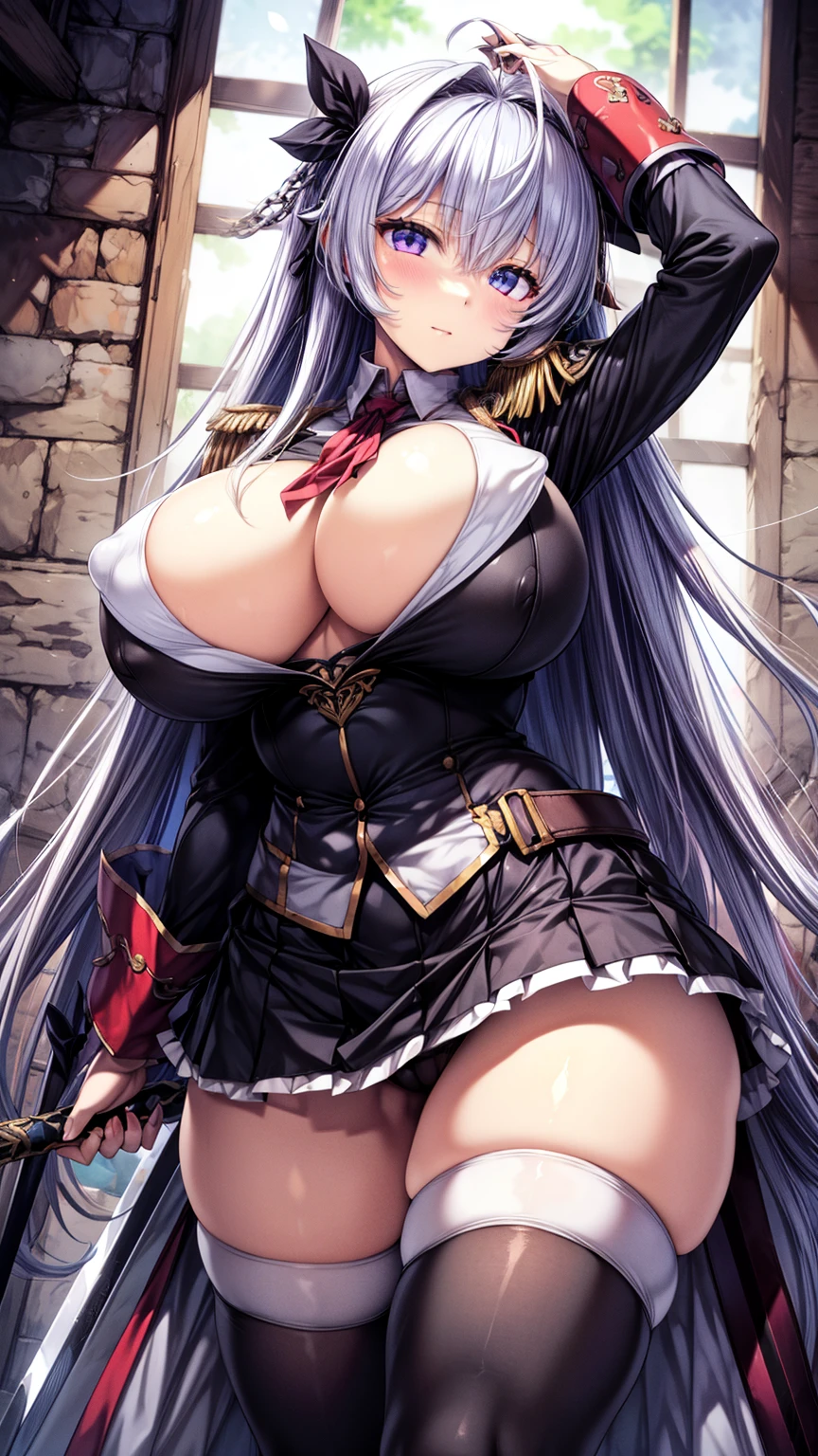 (masterpiece, Highest quality, High resolution),1girl,solo、large breasts,official、female knight、(((White Disciplinary Committee Chairperson、Noein)))、Ahoge、Long Hair、Wearing white military uniform、Standing with a thin long sword、Adult women、Epaulettes、Purple Skirt、Blue Eye、RAW Color,Clear images、dark color、tall、((Black Stockings:1.1))、Purple leg armor、Narrow eyes、Fighting monsters、(battlefield、Dark Dungeon、Dark Prison)