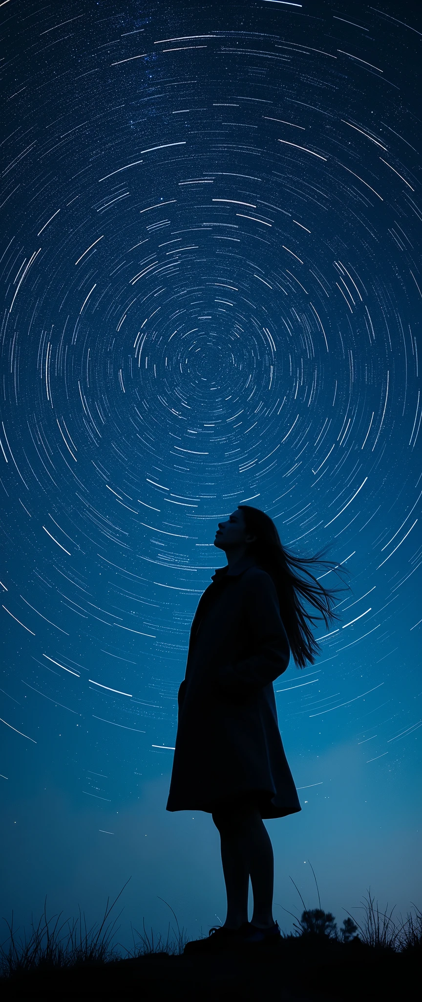 long exposure starry sky with many circular orbits, focus at stars,silhouette of a young woman with long hair with her hands in her coat pockets looking up at it,golden ratio