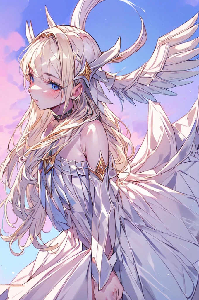 angel wings, (((white angel woman, delicated pose, detailed face, pale skin, long blonde hair))), gorgeous anime angel , gwen from league of legends, gorgeous white and pink sensual gala dress, sensual pose, (((blue sky background, gorgeous sky background)))