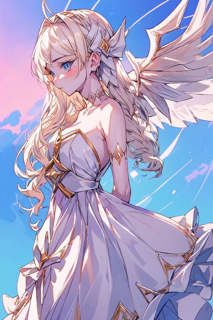 angel wings, (((white angel woman, delicated pose, detailed face, pale skin, long blonde hair))), gorgeous anime angel , gwen from league of legends, gorgeous white and pink sensual gala dress, sensual pose, (((blue sky background, gorgeous sky background)))