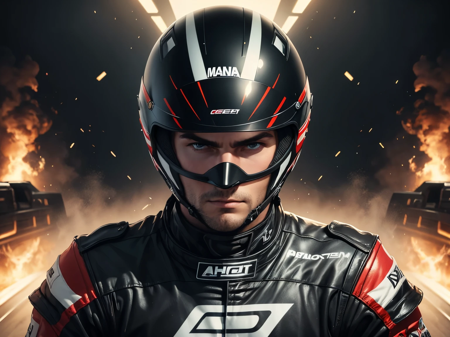 man wearing a racing helmet, black backdrop, racing driver, looking straight ahead, poster layer