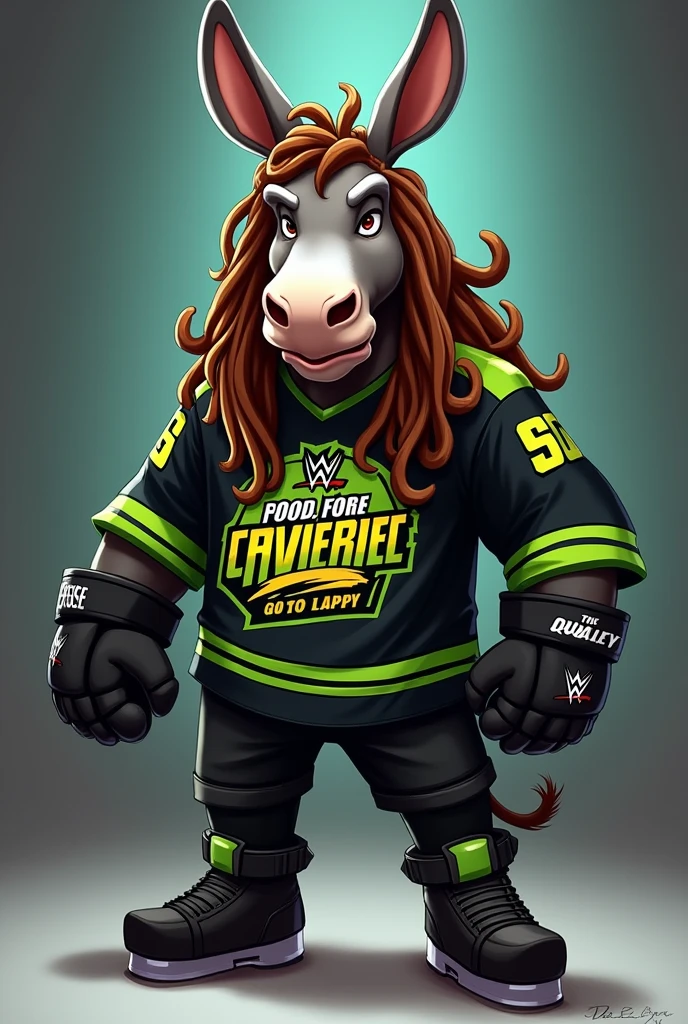 cartoon donkey dressed like WWE wrestler road dog Jesse james, brown dreadlocks, black hockey jersey, green highlights, black pants, black boots, taped hands