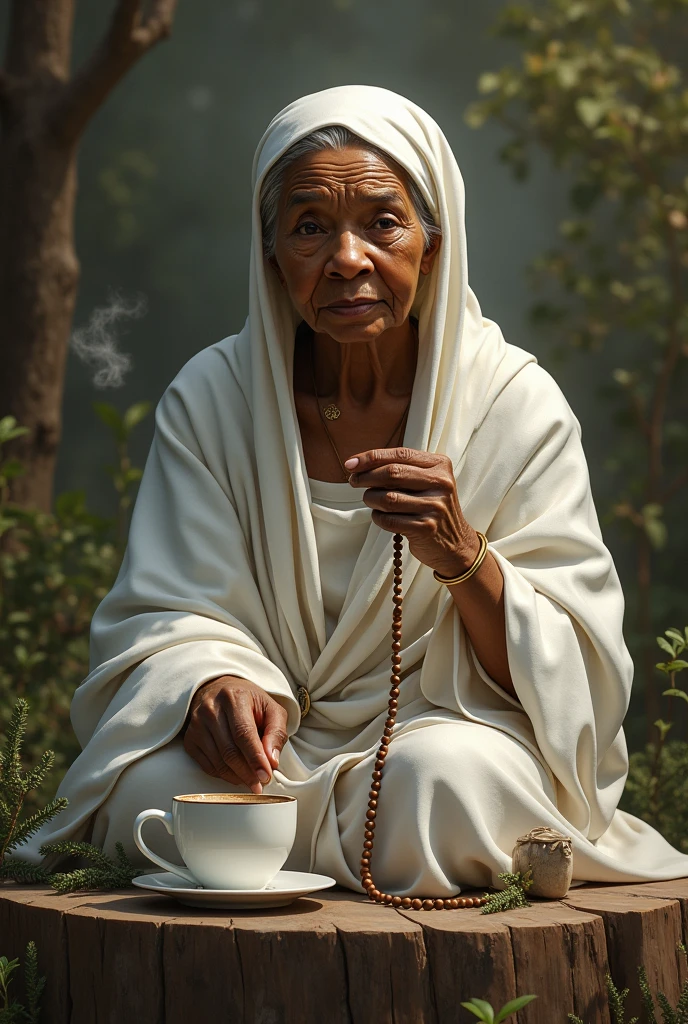 Old black woman dressed in white with a rosary in her hand and a pipe, sitting on a stump,  rue branch, hot coffee