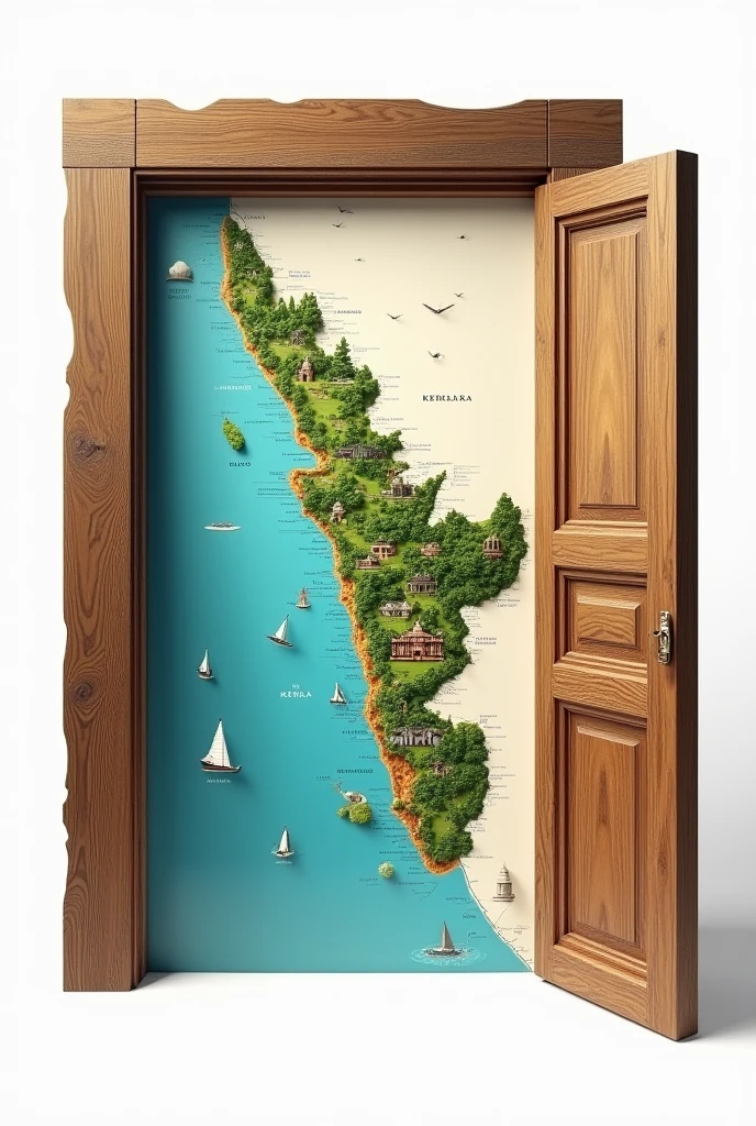 Wooden door open to kerala map natural in white background 