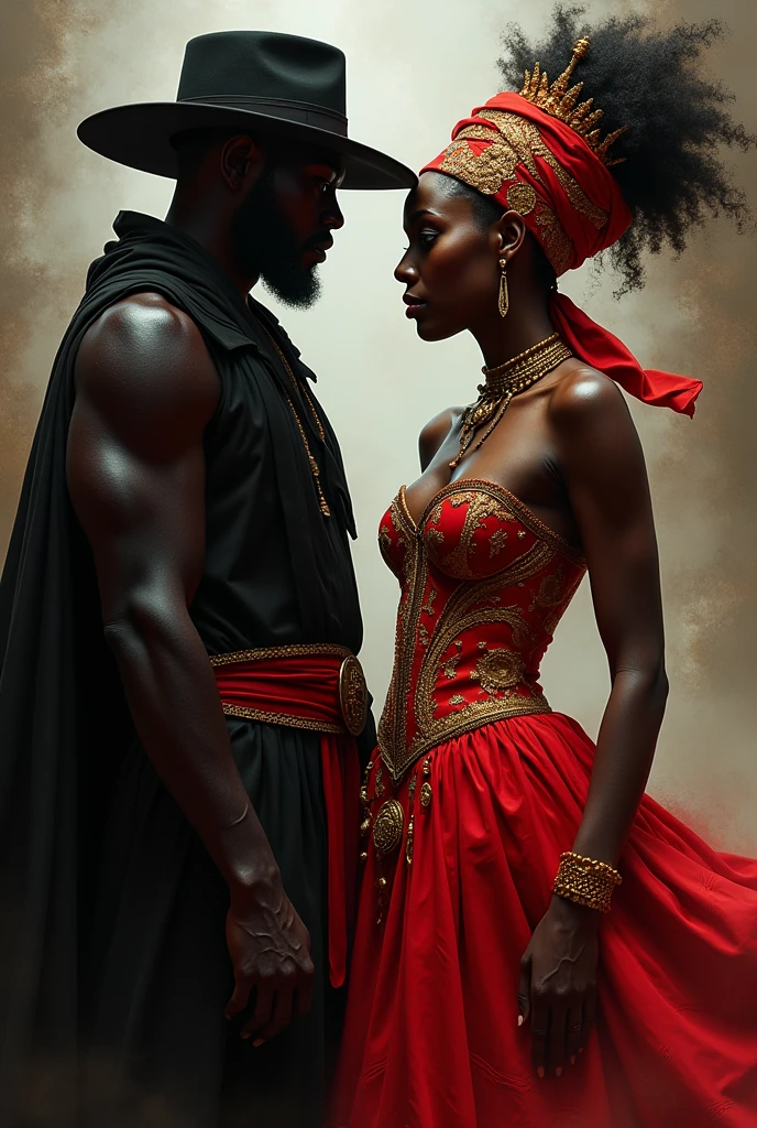 Exu Tiriri and Gypsy Pomba Gira.
Exú Tiriri with black clothes and red details, with a black hat. 
Pomba Gira Cigana with a red skirt with gold details, with a red corset with gold details, with a headscarf with golden flowers.
