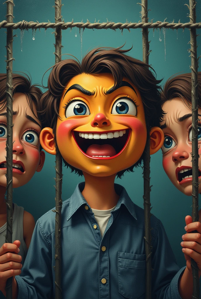 boy with a happy mask and half of the fence taking it off behind fences like a thread hanging from sad faces crying angry with anxiety fear laziness