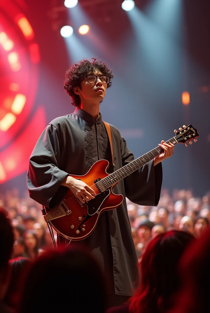 A handsome Korean jazz musician wearing glasses, curly hair, dressed in Korean clothes, playing a semi hollow jazz guitar at his own concert, watched by tens of thousands of people.